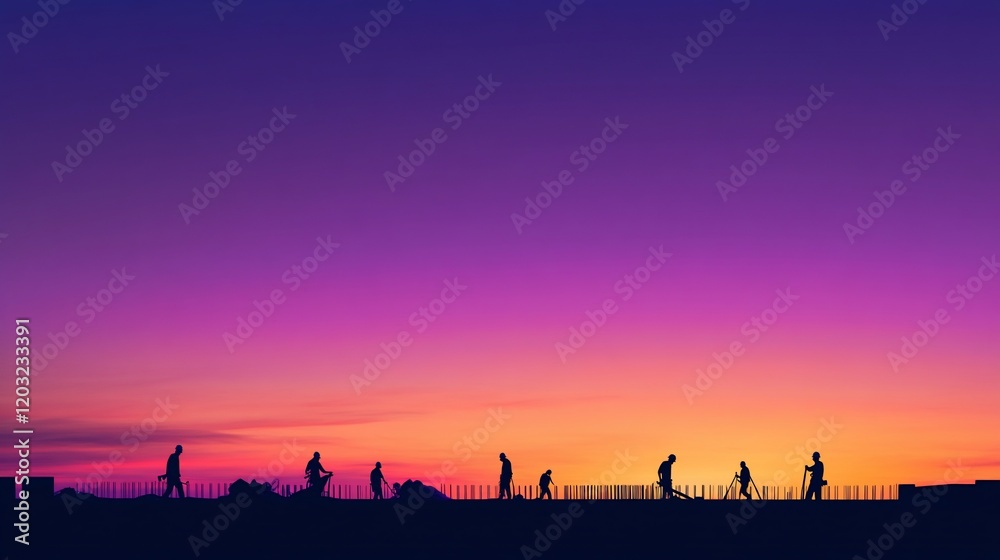 Silhouetted construction workers on a rooftop at sunset. (1) Silhouetted construction workers on a rooftop at sunset. (1)