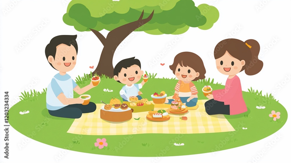 Happy family enjoying a picnic under a tree. Happy family enjoying a picnic under a tree.