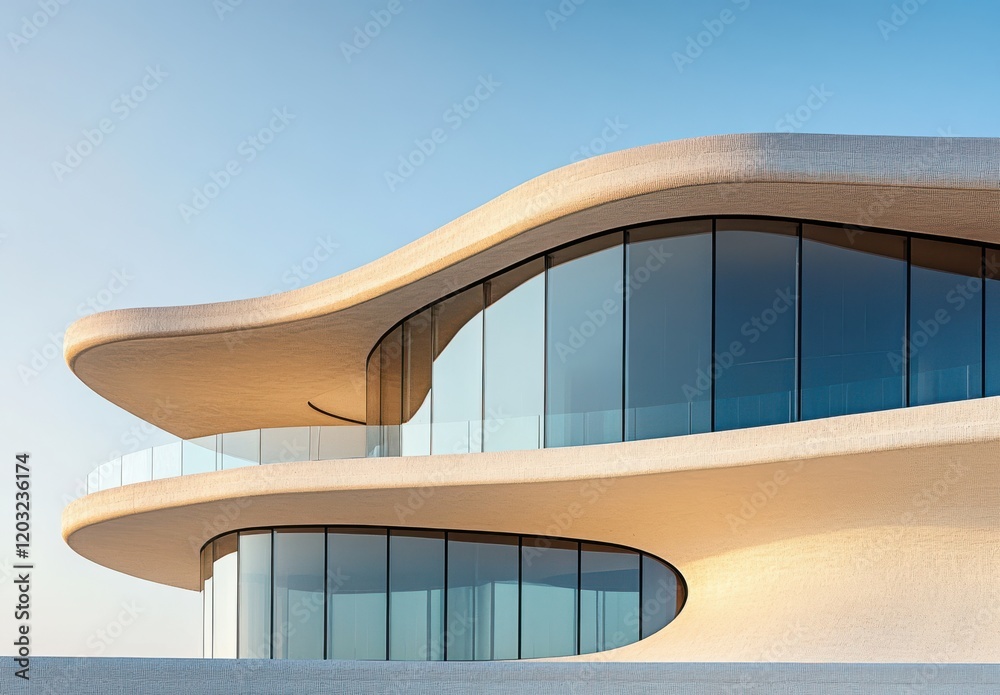 Obraz premium Modern Architectural Marvel with Fluid Shapes and Large Glass Windows Showcasing a Stunning View Against a Clear Sky in a Minimalist Style Setting