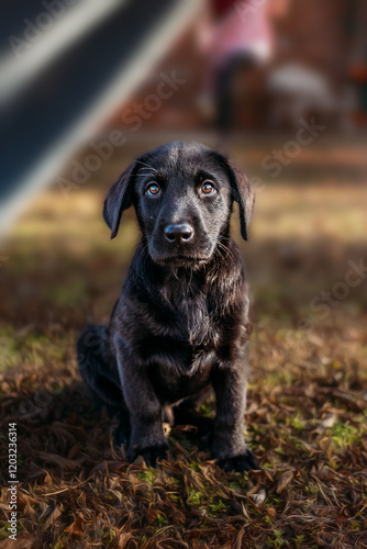 Black Labrador retriever puppy looking up at camera with puppy eyes photo