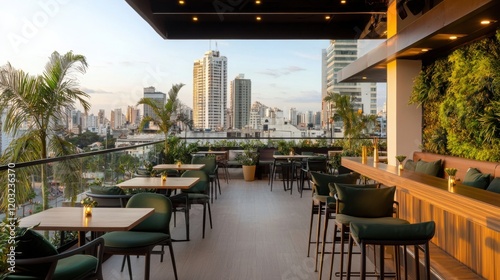 A modern rooftop restaurant featuring green decor, city views, and stylish seating, perfect for dining and socializing in an urban setting.