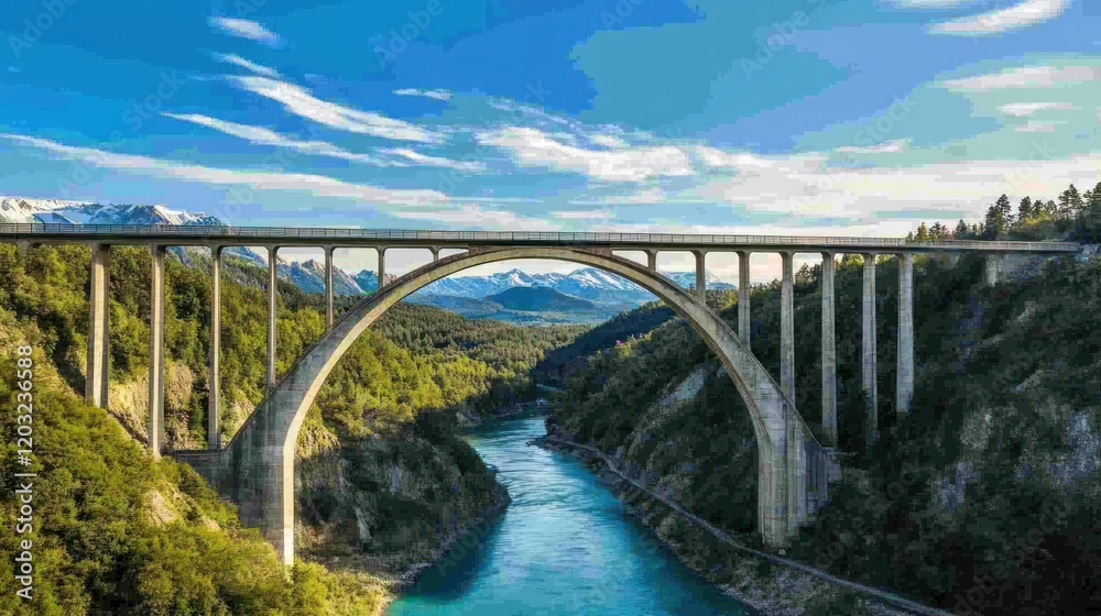 Majestic arched bridge spanning a river valley, surrounded by lush green mountains under a bright blue sky. Majestic arched bridge spanning a river valley, surrounded by lush green mountains under a bright blue sky.