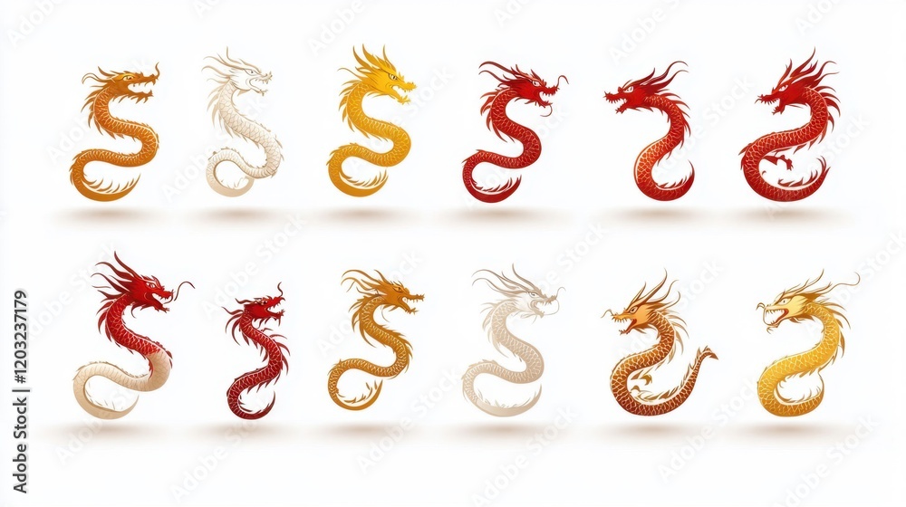 Colorful Dragon Illustrations in Various Styles and Poses on White Background Colorful Dragon Illustrations in Various Styles and Poses on White Background