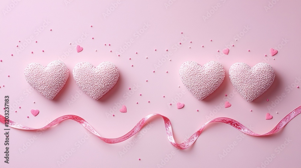 Fototapeta premium Pink hearts, ribbon, sprinkles on pink backdrop for Valentine's