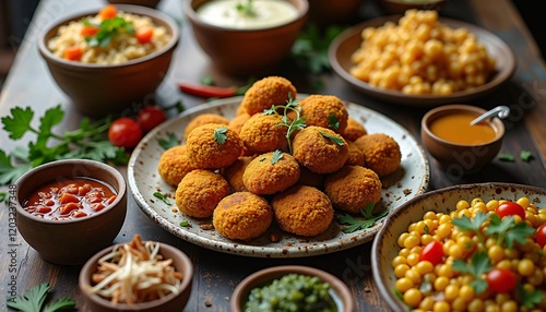 Golden Falafel Feast: A Rustic Mediterranean Food Photography photo