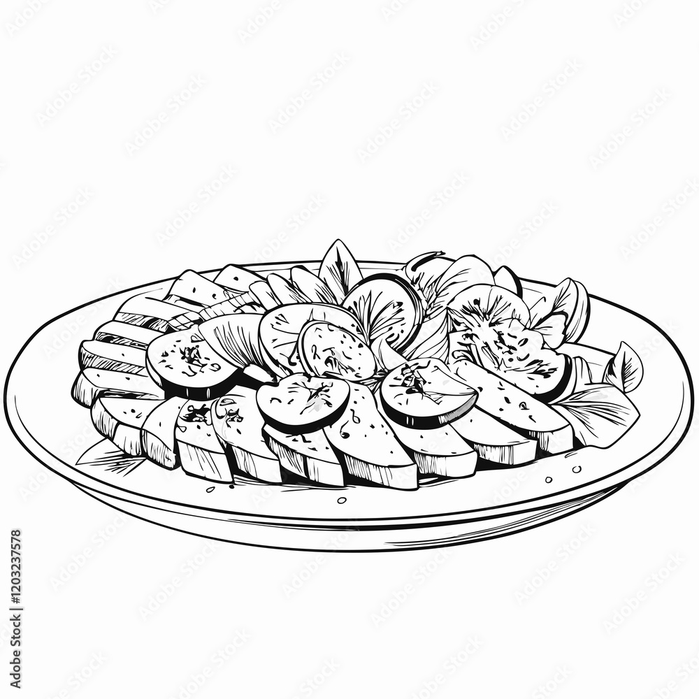 Caprese salad with basil in black and white line art