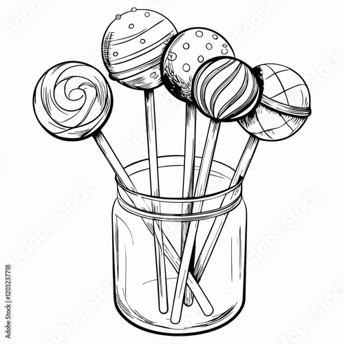 Cake pops in a jar illustration in black and white sketch style