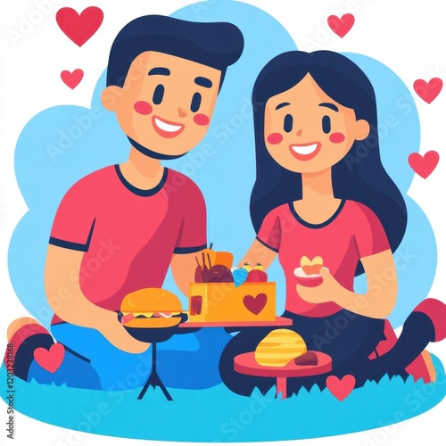 Couple enjoying a picnic with food and hearts in a cheerful setting.