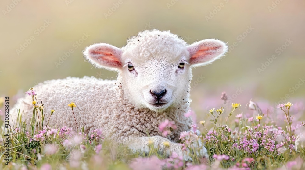 Obraz premium Lamb in spring meadow, flowers background, farm animal, cute