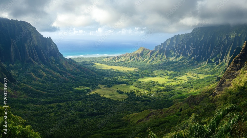 Majestic Valley Landscape: A Breathtaking Panorama of Lush Greenery, Towering Mountains, and the Tranquil Ocean Majestic Valley Landscape: A Breathtaking Panorama of Lush Greenery, Towering Mountains, and the Tranquil Ocean