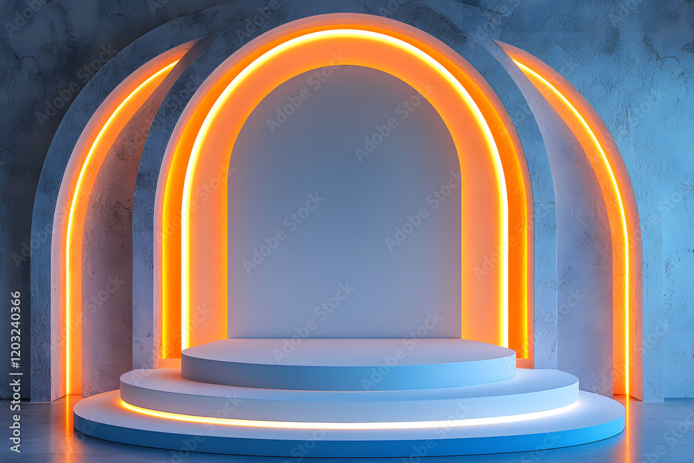 Fototapeta premium Modern Illuminated Stage with Neon Arch Design