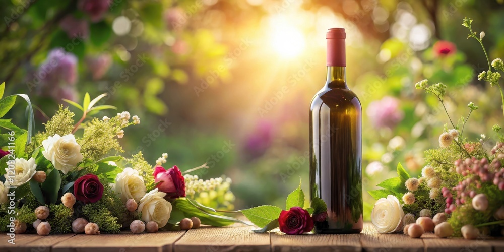 Fototapeta premium A wine bottle with a elegant design and soft focus background, surrounded by lush greenery and flowers , vintage