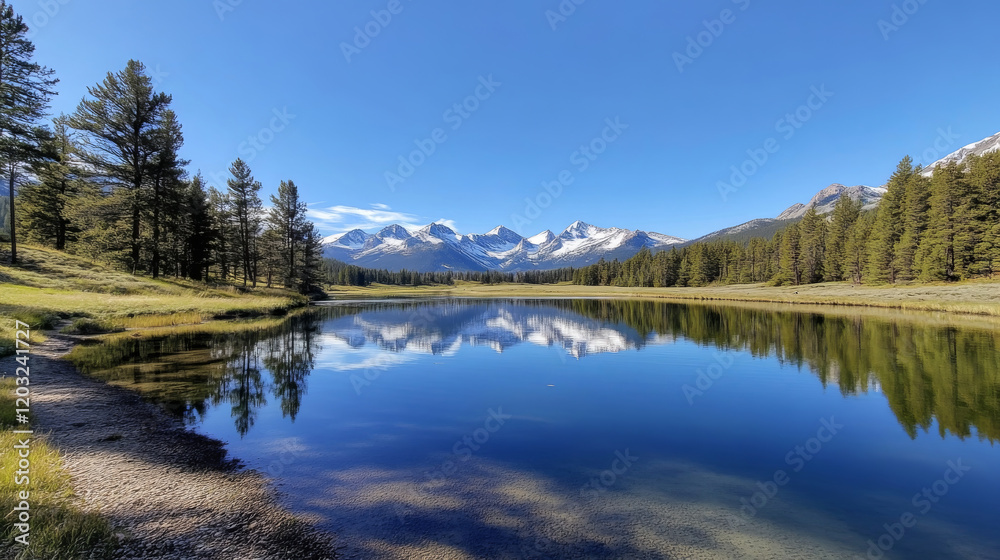 serene alpine lake reflecting surrounding mountains and trees, creating peaceful atmosphere. clear blue sky enhances tranquil scene serene alpine lake reflecting surrounding mountains and trees, creating peaceful atmosphere. clear blue sky enhances tranquil scene