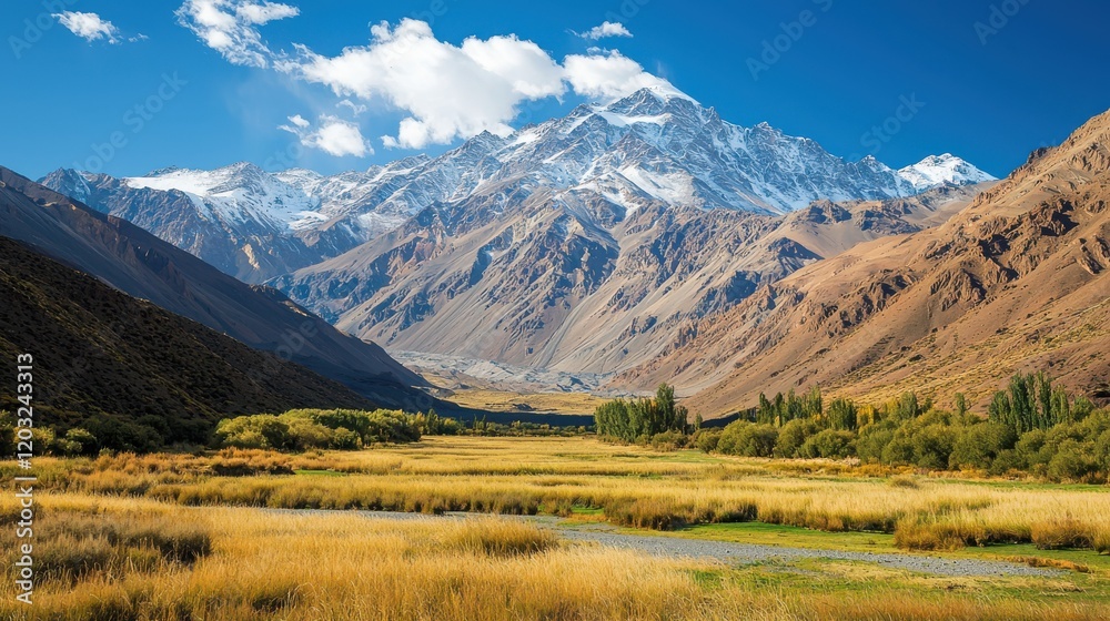 picturesque mountain landscape with clear blue sky, towering peaks, and lush green valleys. scene captures beauty of nature, showcasing vibrant colors and serene tranquility