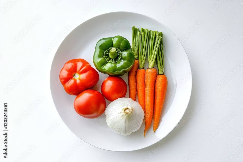 Fresh vegetables lying on white plate promoting healthy eating habits