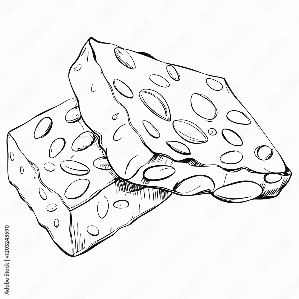Black and white illustration of nougat with nuts