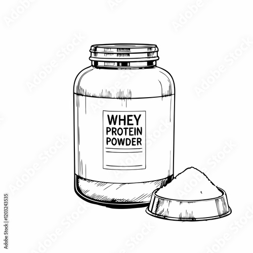 Black and white illustration of whey protein powder jar and scoop