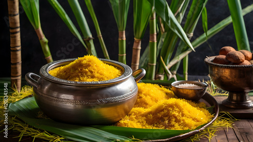 Adorned Pongal pot encircled by sugarcane and festive decor celebrating south Indian harvest traditions photo