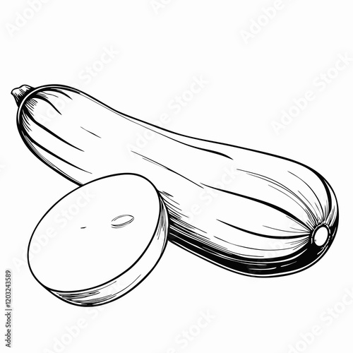 Black and white illustration of whole and sliced zucchini