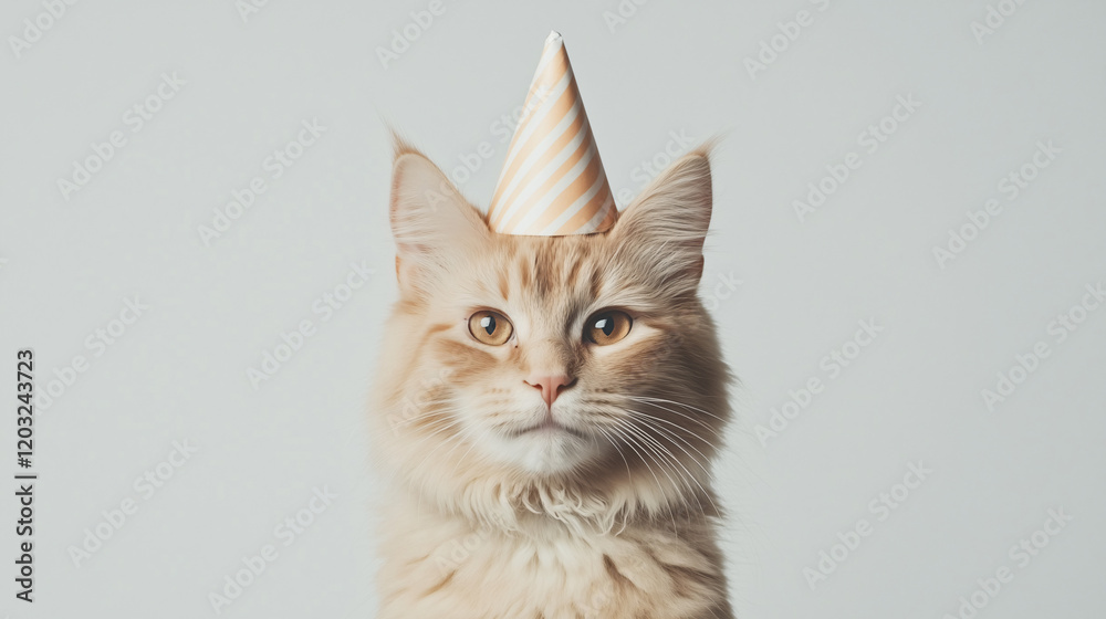 Obraz premium Maine Coon Cat in Party Hat: A majestic Maine Coon cat, with its long, fluffy fur and striking amber eyes, wears a charming party hat.