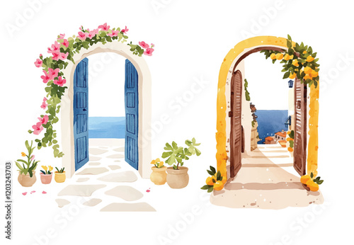 Watercolor wooden door entwined with flowers. Cute image suitable for cards, invitations, weddings, fabric making cozy door with flowers on white background