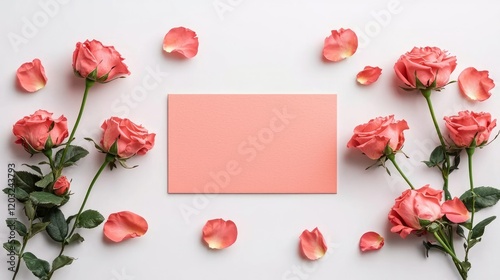 Pink roses and blank card on white background, overhead view