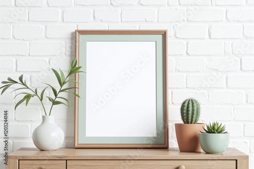 Framed picture with plants on wooden surface and brick wall
