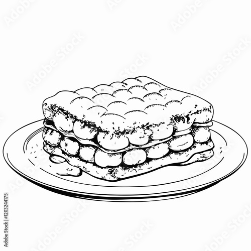 Black-and-white illustration of a tiramisu dessert