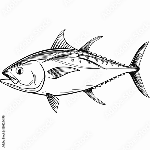 Black-and-white illustration of a tuna fish