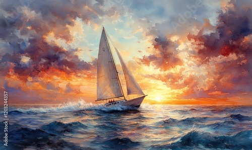 Sailboat sunset ocean waves vibrant colors.