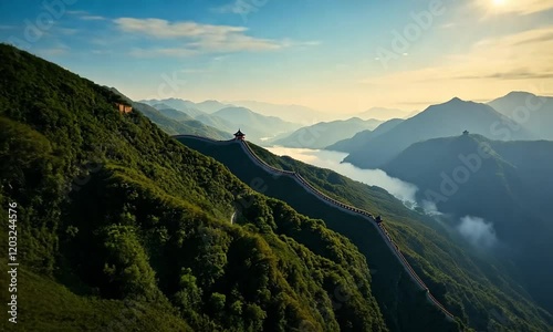 Iconic view of the Great Wall of China, showcasing its historic significance and stunning architectural design photo