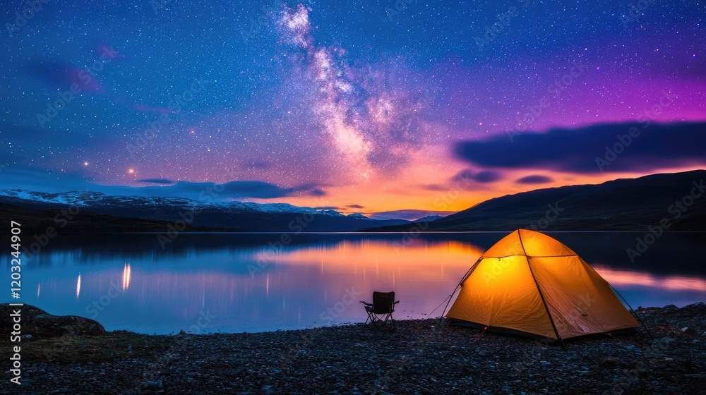 Camping by serene lake under Milky Way at night Camping by serene lake under Milky Way at night