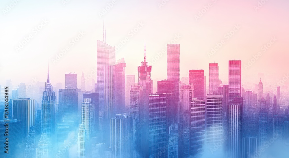 Serene Cityscape at Dawn with Soft Hues of Pink and Blue Over Urban Skyline Shrouded in Gentle Mist and Cloud, Capturing the Essence of a Tranquil Morning in Metropolitan Area Serene Cityscape at Dawn with Soft Hues of Pink and Blue Over Urban Skyline Shrouded in Gentle Mist and Cloud, Capturing the Essence of a Tranquil Morning in Metropolitan Area