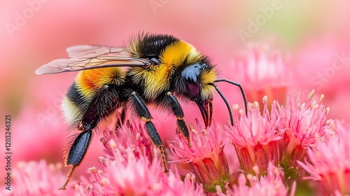 Detailed macro view of a bufftailed bumblebee delicately feeding on vibrant pink blossoms showcasing the intricate textures and vibrant colors of both the bee and the flowers in natural harmony photo