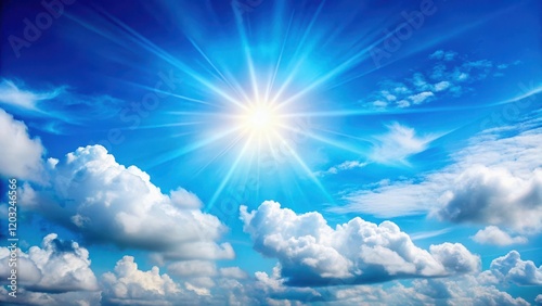 Vibrant blue sky with fluffy white clouds against a bright sun background, with a gentle gradient effect , beautiful