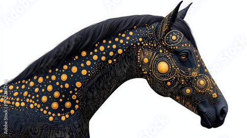 majestic black horse adorned with intricate golden patterns, showcasing elegance and artistry photo