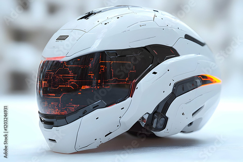 Futuristic White Helmet with Glowing Orange Display on Snowy Surface photo