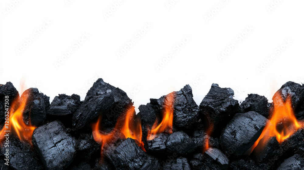 Close up of glowing embers and black charcoal, creating warm atmosphere