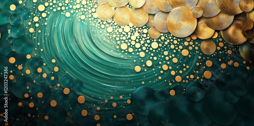 Emerald Swirl: Gold Circles and Dots Abstract Painting photo