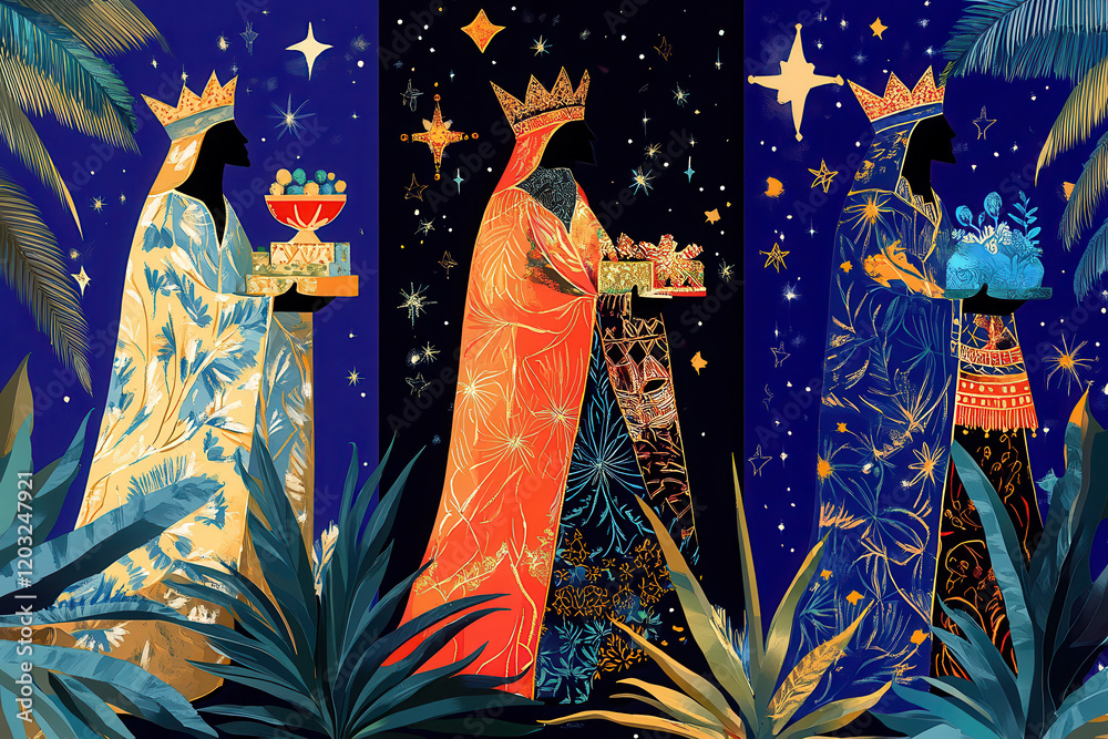 Fototapeta premium Die Heiligen Drei Könige in prachtvollen Gewändern – Künstlerische Darstellung mit Sternenhimmel, The Three Wise Men in Magnificent Robes – Artistic Depiction with Starry Sky