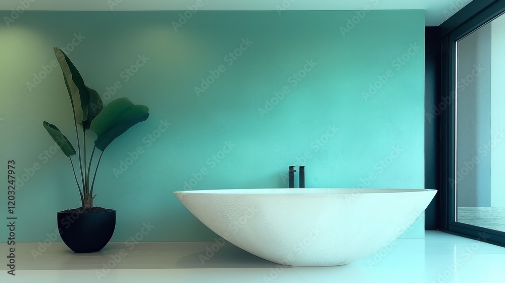 Fototapeta premium Modern minimalist bathroom with elegant freestanding bathtub and green accent wall