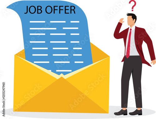 Job offer or job opportunity to be promoted or new position for higher salary employment and recruitment human resources concept businessman candidate thinking to accept job offer email envelope