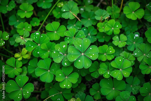 Lush green clover field with heart shaped leaves and markings