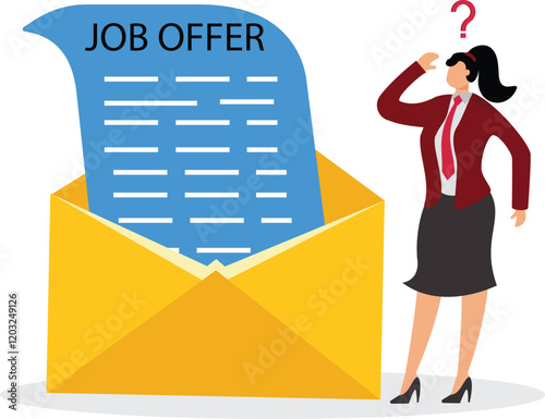 Job offer or job opportunity to be promoted or new position for higher salary employment and recruitment human resources concept businesswoman candidate thinking to accept job offer email envelope