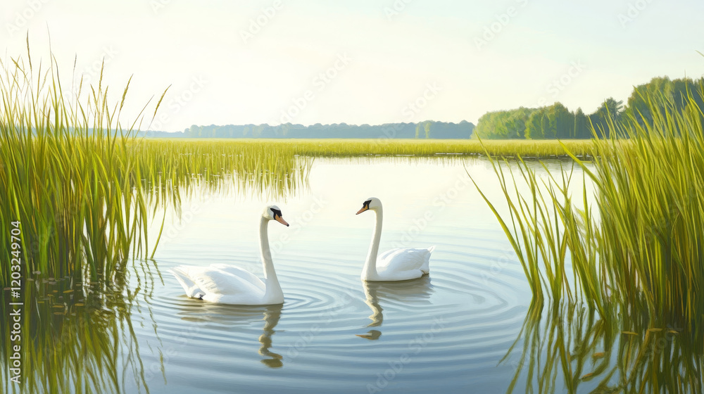 Obraz premium Tranquil wetlands with calm water, reeds, and two swans gracefully swimming create serene atmosphere. lush greenery and gentle ripples enhance peaceful scene