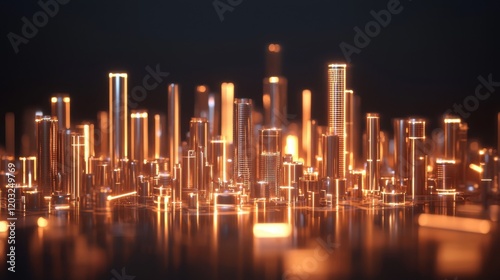 A futuristic city skyline illuminated with glowing lights, showcasing modern architectural designs against a dark backdrop.