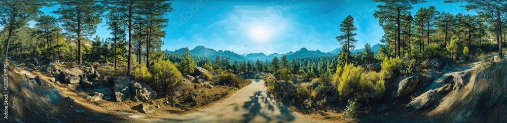 Sunlit Forest Path: A panoramic view of a sunlit forest path winding through a tranquil landscape, revealing majestic mountain ranges and a serene sky. The path invites exploration.