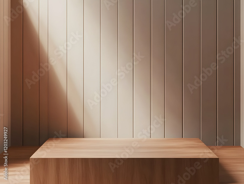 Fototapeta Naklejka Na Ścianę i Meble -  Empty wood product display corner wall background with wooden 3d interior room backdrop stand show mockup minimal pedestal podium platform stage blank presentation studio luxury brown table floor.
