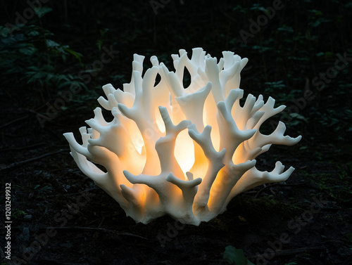 Large White Coral Mushroom Clavulina Illuminated in Dark Forest Undergrowth During Twilight Hours