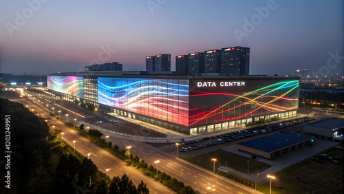 Data Center with Glowing Walls Displaying Global Data Streams. Perfect for: Tech Expos, Data Conferences, Innovation Fairs